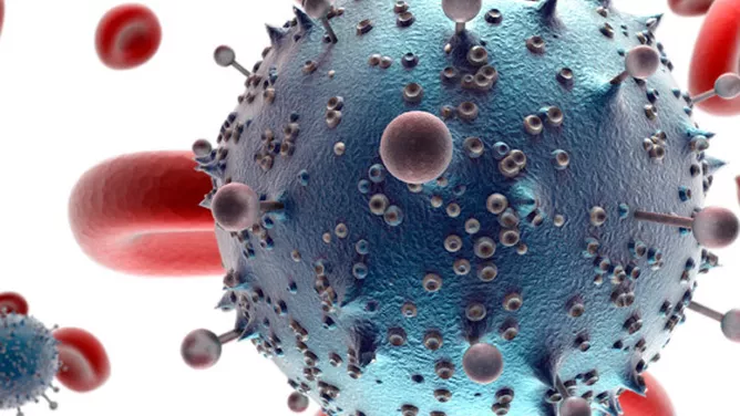 Model eines Virus mit roten Blutkörperchen.